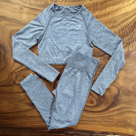 Gymshark 2 Piece Set, Vital Seamless Crop Top, Leggings, Grey Marl, Size Medium - Picture 1 of 10